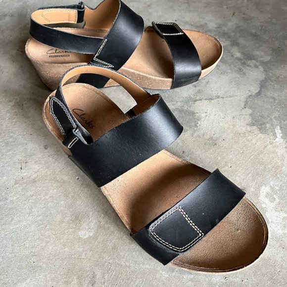 Clarks Shoes - Black Leather Wedge Sandals
